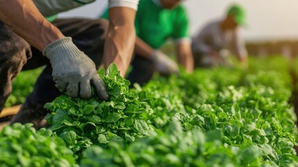 Naklejka premium Farmers harvesting organic herbs from a thriving herb garden under the shade of trees