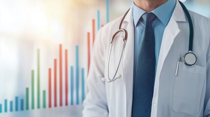 A 3D-rendered doctor examining financial growth charts to symbolize healthcare funding analysis