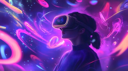 A Woman in a Virtual Reality Headset Immersed in a Colorful, Abstract World