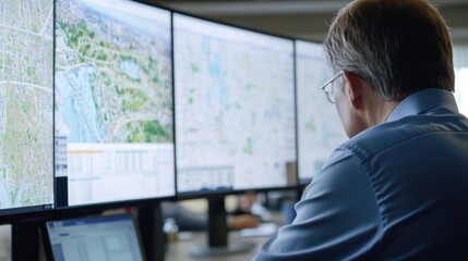 Man analyzing geographic data on multiple screens