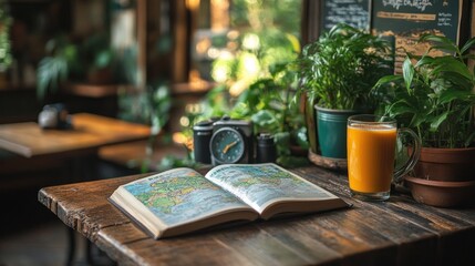 A cozy scene with a map book, camera, and fresh juice.