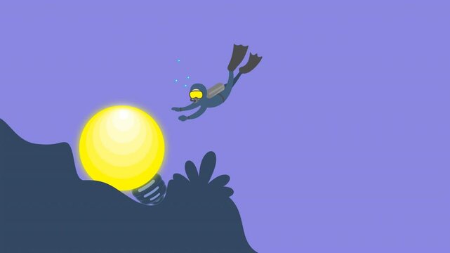 animated cartoon illustration of finding an idea, animation of a diving man and a shining lamp at the bottom of the deep sea, cartoon concept of a big idea, business idea, alpha channel. 4K resolution