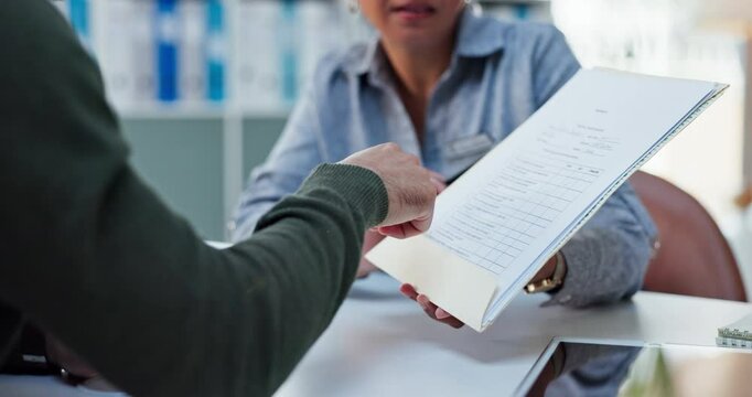 Contract, hands and client in discussion with document for insurance, application or claim form. Paperwork, people and consultation with advisor closeup for questionnaire, survey or review in office