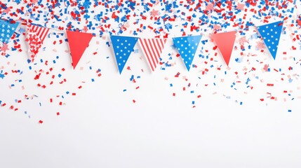 Colorful triangle flags and confetti on a white background. for festive celebration.