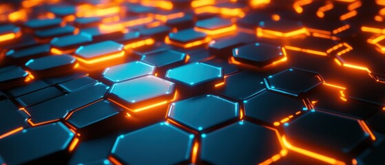 Abstract hexagon pattern with glowing blue and orange tones technology background.