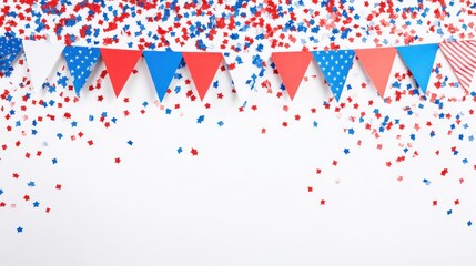 Colorful triangle flags and confetti on a white background. for festive celebration.