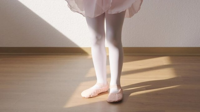 little girl, young ballerina in pink ballet tutu, skirt, Small ballet dancer practices first basic positions, moves, gracefully positions feet in dance pose
