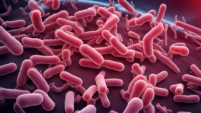 Close-up sequence of red bacteria under a microscope with dynamic lighting