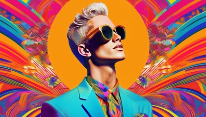 80s pop collage fashion model in sunglasses, vibrant pattern, retro summer poster.