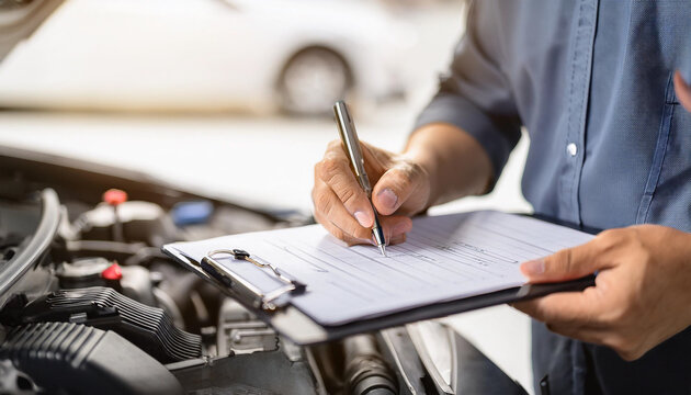 Auto check, car service shop concept. Automobile repairman writing job checklist on clipboard, mechanic checking engine to estimate repair machine, inspecting maintenance by engineer at vehicle garage