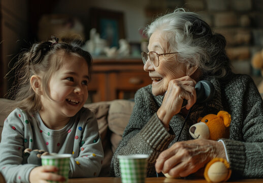  Una abuela y su nieta charlan y pasan el rato juntas. Cuidado de los nietos, transmision  de costumbres y tradiciones, amor por los nietos, cari&ntilde;o por  lo abuelos. 
