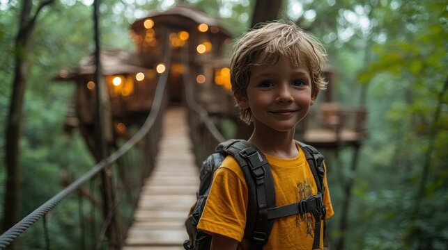 A boy smiles in front of a treehouse on a forested path.