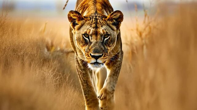 Close-up sequence of a lioness walking through tall, dry grass