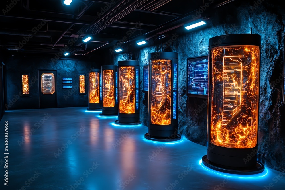 Poster sci-fi research lab underground, surrounded by holographic data screens and mysterious glowing cryst