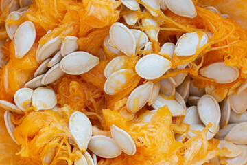 An abstract image of pumpkin seeds and the inside texture of a carved pumpkin. 