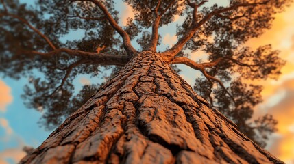 Majestic tree trunk reaching towards the sky, showcasing intricate bark details under a vibrant...