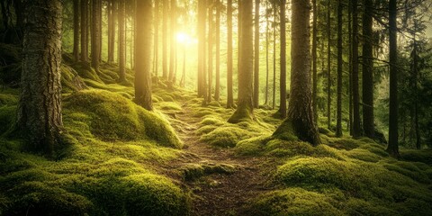 Obraz premium Scandinavian Forest with Lush Green Moss – Serene Nature Landscape and Woodland Exploration Theme