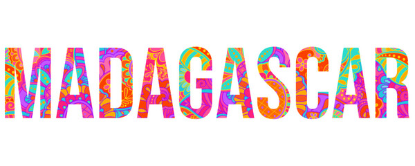 Madagascar country creative text design filled with colorful doodle pattern