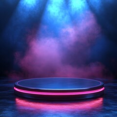 Circular Platform with Neon Light and Purple Smoke in Blue Background