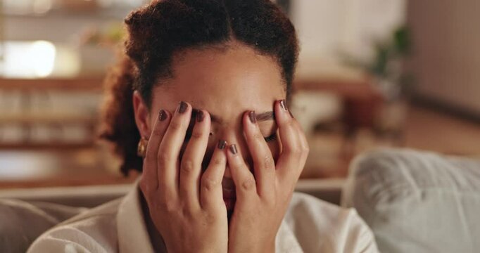 House, breathing and woman with depression, headache and stress in living room. Person, apartment and girl on sofa, migraine and sad with panic attack, anxiety or breakdown with emotions and confused