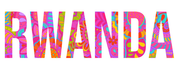 Rwanda country creative text design filled with hand drawn colorful doodle pattern