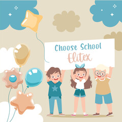 Happy kids holding opening poster balloons clouds