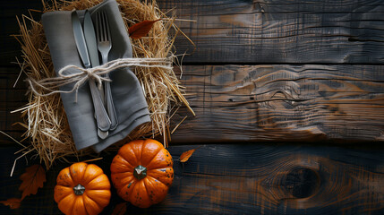 A rustic autumn table setting featuring silverware wrapped in a napkin with twine, resting on hay alongside small pumpkins and leaves on a weathered wooden surface.