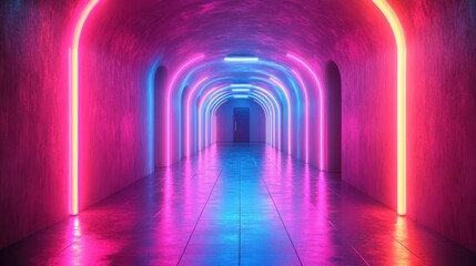 render abstract neon backgroun pink blue vivi light ultraviolet rectangular geometric shape glowing line window open door gate portal room entrance arch modern minimal concept