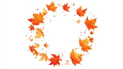 Minimalist vector illustration of a round autumnal leaves frame isolated on a white or transparent background, highlighting the leaves with a simple, elegant design