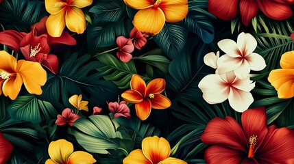 A Vibrant Tropical Floral Pattern with Red, Yellow, and White Flowers