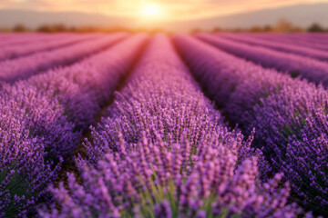 Obraz premium A field of lavender flowers with the sun setting in the background