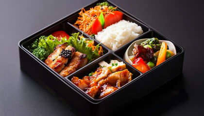Japanese Bento Box with Grilled Chicken, Teriyaki Sauce and Vegetables