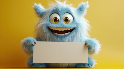 Fototapeta premium render blue hairy yeti furry cartoon character funny furry toy with blank banner isolate on yellow background