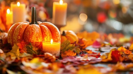 Autumn ambiance: cozy candlelit pumpkin arrangement for thanksgiving decor and seasonal celebrations