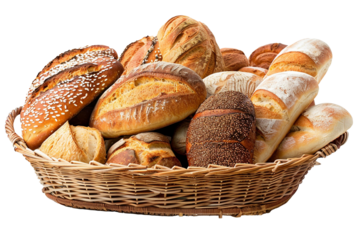 Assorted bread in a basket on a white background – perfect for bakery, breakfast, and culinary themes