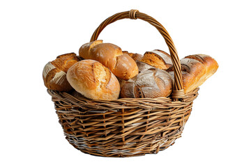 Assorted bread in a basket on a white background – perfect for bakery, breakfast, and culinary themes