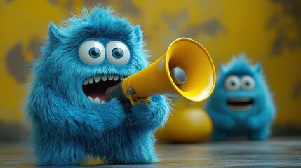 render funny yeti cartoon character speaks using megaphone important announcement attention concept funny toy hairy blue monster clip art isolate on yellow background