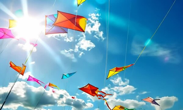 A colorful array of kites are flying in the sky 4K Video