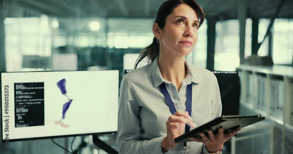 Aufkleber innovation, tablet and woman at computer with prosthetic leg, 3d ideas and thinking in laboratory. f