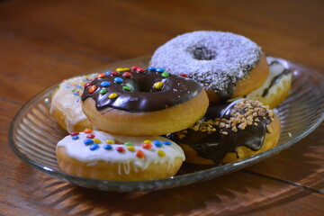 donuts on glass tray, donuts for sale
