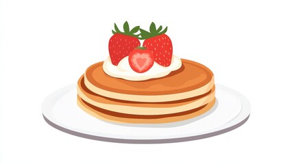 Sweet Pancake Delight with Fresh Strawberries and Cream - Minimalistic Flat Vector Illustration on White Background