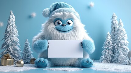 render white hairy yeti wears christmas hat holds white page mockup furry bigfoot toy with empty banner funny winter monster cartoon character isolate on re backgroun standing pose