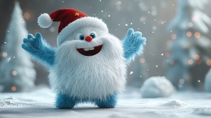 white funny yeti in christmas hat dancing looping animation of a furry bigfoot cartoon character hairy monster isolate on re backgroun render festive mascot