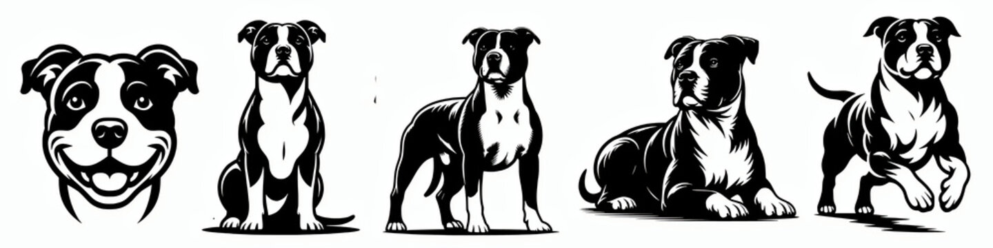 Set of american staffordshire terrier vector illustration collection, bully dog breed clip art element outline bundle