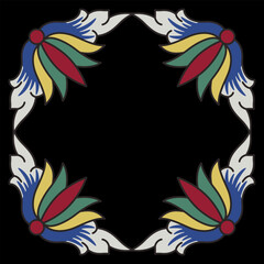 Beautiful square frame with stylized flowers. Geometrical floral background border. Folk style. On black background.