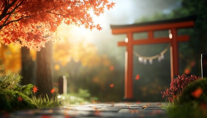 Autumnal Pathway Leading to a Japanese Torii Gate