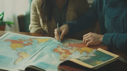 Planning a trip - A couple looking at a world map