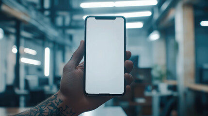 A person holding a cell phone with a white screen. Concept of emptiness and loneliness, as the phone is the only object in the scene