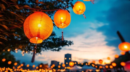Fototapeta premium Illuminated Lanterns in the Evening Sky