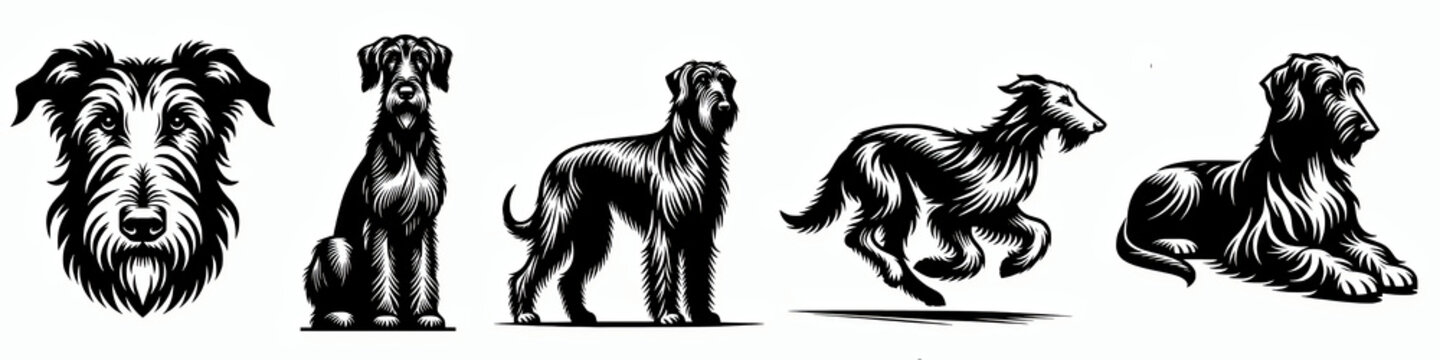 Set of scottish deerhound dog vector silhouette illustration, clip art design element bundle 